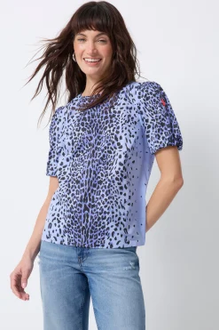 Women Scamp & Dude Blue with Black Wild Leopard Short Blouson Sleeve Top