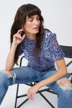 Women Scamp & Dude Blue with Black Wild Leopard Short Blouson Sleeve Top