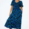Women Scamp & Dude Blue with Green and Black Mega Leopard Shirred Puff Sleeve Midi Dress