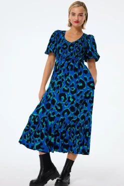 Women Scamp & Dude Blue with Green and Black Mega Leopard Shirred Puff Sleeve Midi Dress