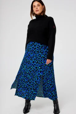 Women Scamp & Dude Blue with Green and Black Shadow Leopard Split Front Skirt