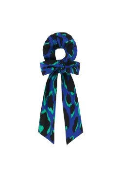 Women Scamp & Dude Blue with Green and Black Shadow Leopard Surplus Fabric Bow Scrunchie
