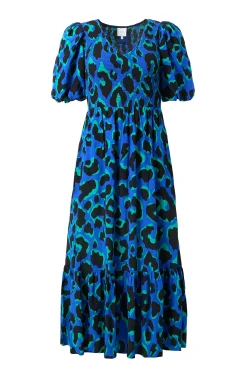Women Scamp & Dude Blue with Green and Black Mega Leopard Shirred Puff Sleeve Midi Dress