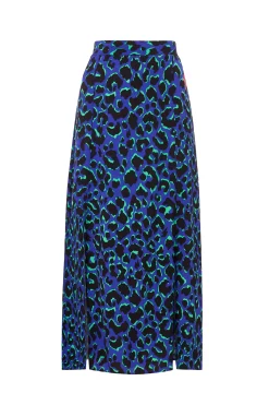 Women Scamp & Dude Blue with Green and Black Shadow Leopard Split Front Skirt