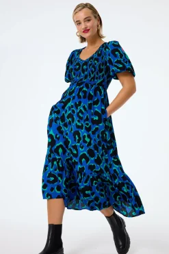 Women Scamp & Dude Blue with Green and Black Mega Leopard Shirred Puff Sleeve Midi Dress