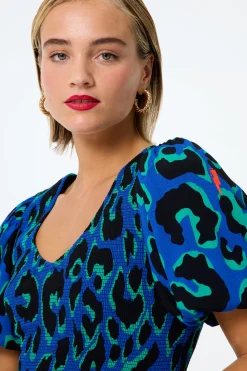 Women Scamp & Dude Blue with Green and Black Mega Leopard Shirred Puff Sleeve Midi Dress