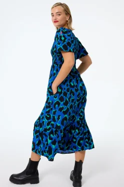 Women Scamp & Dude Blue with Green and Black Mega Leopard Shirred Puff Sleeve Midi Dress