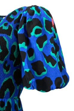Women Scamp & Dude Blue with Green and Black Mega Leopard Shirred Puff Sleeve Midi Dress
