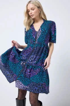 Women Scamp & Dude Blue with Green Spliced Leopard Zip Detail Tiered Short Dress