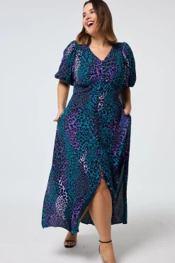 Women Scamp & Dude Blue with Green Spliced Leopard Puff Sleeve Midi Tea Dress