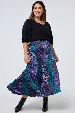 Women Scamp & Dude Blue with Green Spliced Leopard Satin High Low Hem Skirt