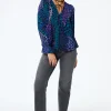 Women Scamp & Dude Blue with Green Spliced Leopard Flute Sleeve Blouse