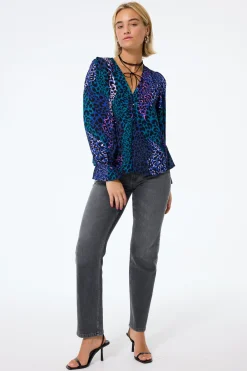 Women Scamp & Dude Blue with Green Spliced Leopard Flute Sleeve Blouse