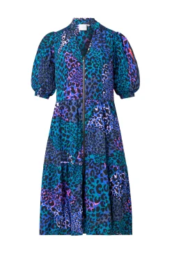 Women Scamp & Dude Blue with Green Spliced Leopard Zip Detail Tiered Short Dress