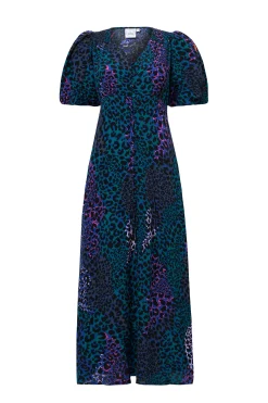 Women Scamp & Dude Blue with Green Spliced Leopard Puff Sleeve Midi Tea Dress