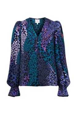 Women Scamp & Dude Blue with Green Spliced Leopard Flute Sleeve Blouse
