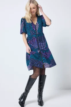 Women Scamp & Dude Blue with Green Spliced Leopard Zip Detail Tiered Short Dress