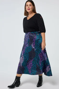 Women Scamp & Dude Blue with Green Spliced Leopard Satin High Low Hem Skirt