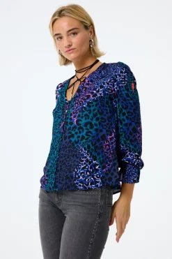 Women Scamp & Dude Blue with Green Spliced Leopard Flute Sleeve Blouse