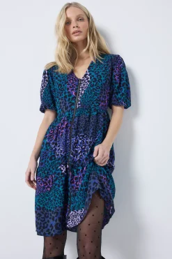 Women Scamp & Dude Blue with Green Spliced Leopard Zip Detail Tiered Short Dress