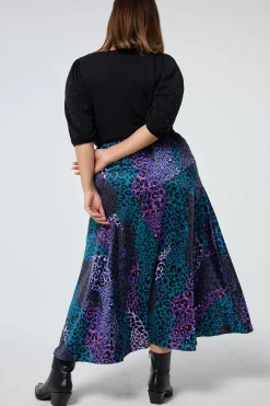 Women Scamp & Dude Blue with Green Spliced Leopard Satin High Low Hem Skirt