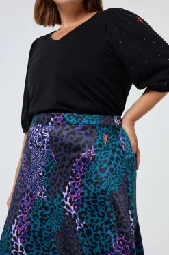 Women Scamp & Dude Blue with Green Spliced Leopard Satin High Low Hem Skirt