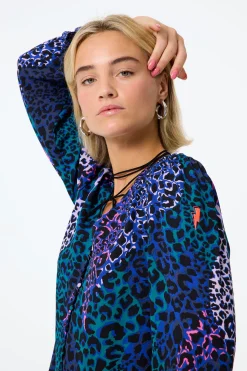 Women Scamp & Dude Blue with Green Spliced Leopard Flute Sleeve Blouse