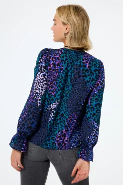 Women Scamp & Dude Blue with Green Spliced Leopard Flute Sleeve Blouse