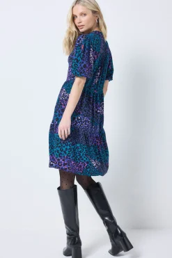 Women Scamp & Dude Blue with Green Spliced Leopard Zip Detail Tiered Short Dress