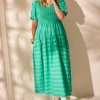 Women Scamp & Dude Blue with Green Stripe Puff Sleeve Maxi Dress