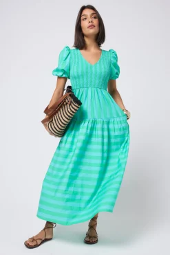 Women Scamp & Dude Blue with Green Stripe Puff Sleeve Maxi Dress