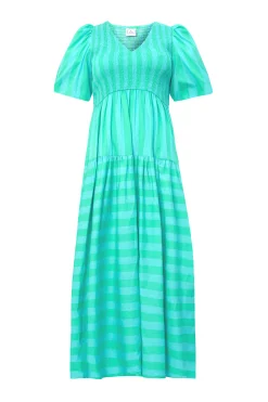 Women Scamp & Dude Blue with Green Stripe Puff Sleeve Maxi Dress