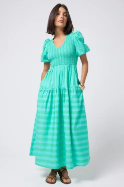 Women Scamp & Dude Blue with Green Stripe Puff Sleeve Maxi Dress