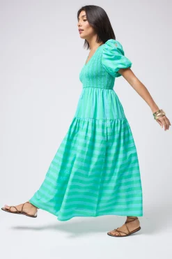 Women Scamp & Dude Blue with Green Stripe Puff Sleeve Maxi Dress