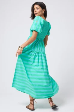 Women Scamp & Dude Blue with Green Stripe Puff Sleeve Maxi Dress