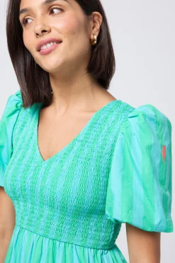 Women Scamp & Dude Blue with Green Stripe Puff Sleeve Maxi Dress