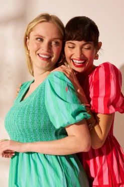 Women Scamp & Dude Blue with Green Stripe Puff Sleeve Maxi Dress