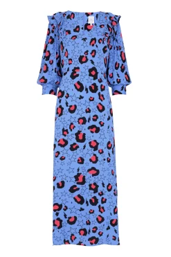 Women Scamp & Dude Blue with Pink Snow Leopard Star and Lightning Bolt Midi Dress