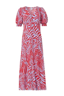 Women Scamp & Dude Blue with Red Palm Flute Sleeve Midi Tea Dress