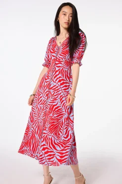 Women Scamp & Dude Blue with Red Palm Flute Sleeve Midi Tea Dress