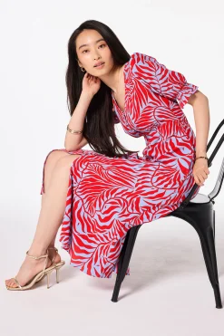 Women Scamp & Dude Blue with Red Palm Flute Sleeve Midi Tea Dress