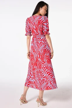 Women Scamp & Dude Blue with Red Palm Flute Sleeve Midi Tea Dress