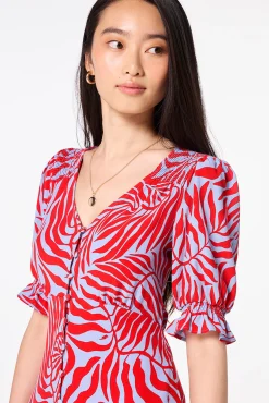 Women Scamp & Dude Blue with Red Palm Flute Sleeve Midi Tea Dress