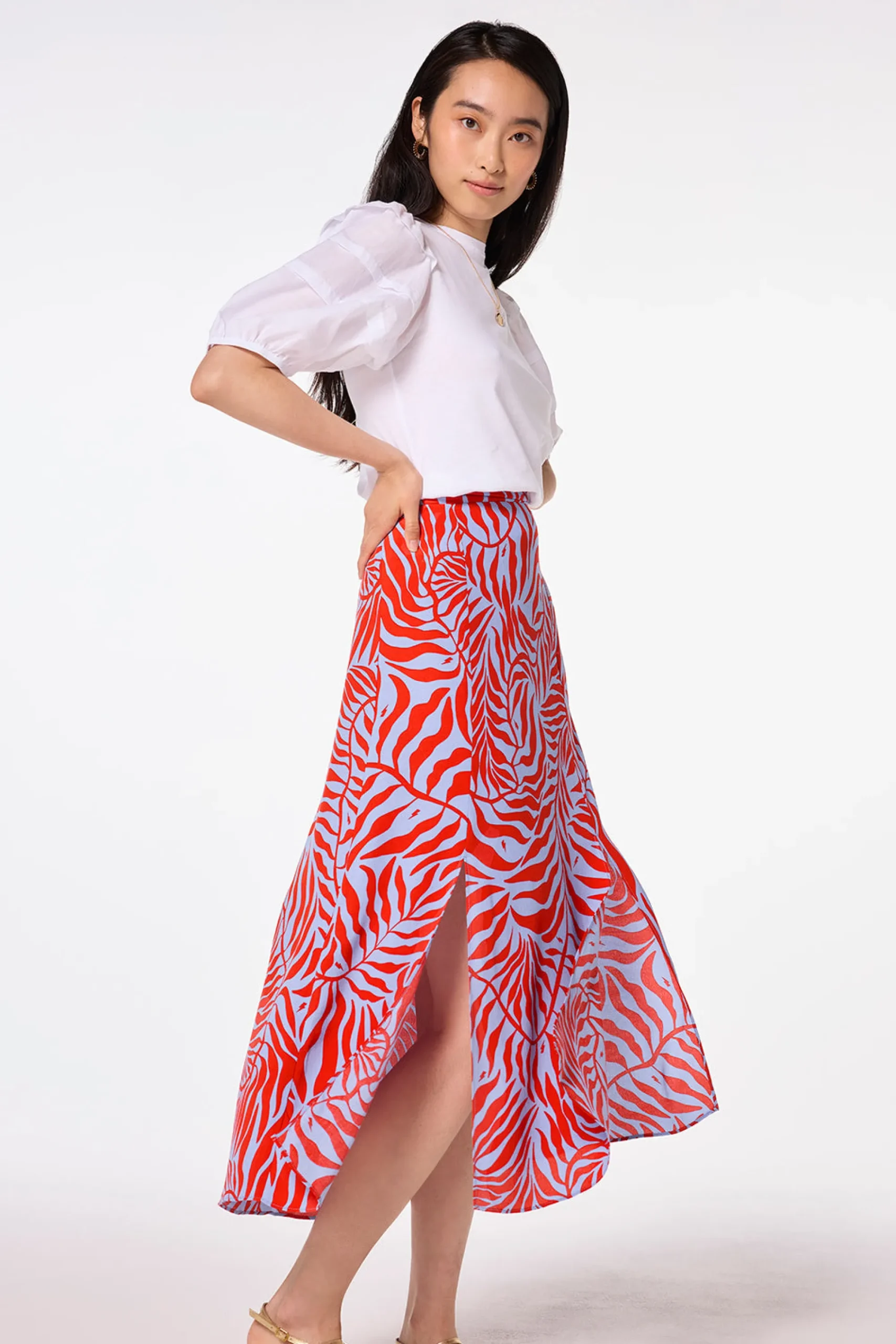 Women Scamp & Dude Blue with Red Palm Split Front Skirt