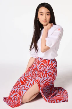 Women Scamp & Dude Blue with Red Palm Split Front Skirt