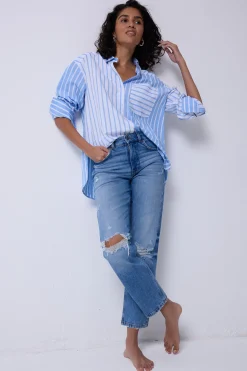 Women Scamp & Dude Blue with White Stripe Oversized Shirt