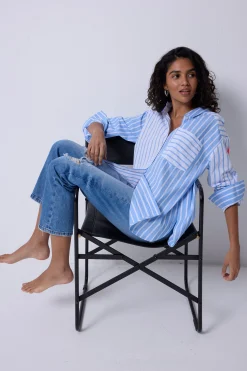 Women Scamp & Dude Blue with White Stripe Oversized Shirt