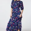 Women Scamp & Dude Bright Blue with Pink and Black Mixed Leopard Pintuck Puff Sleeve Midi Dress