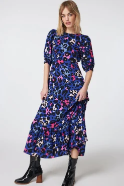 Women Scamp & Dude Bright Blue with Pink and Black Mixed Leopard Pintuck Puff Sleeve Midi Dress