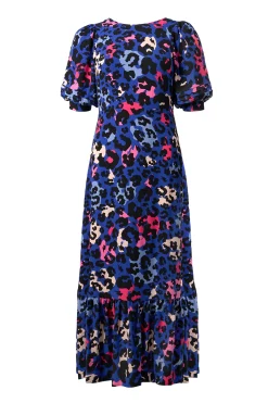 Women Scamp & Dude Bright Blue with Pink and Black Mixed Leopard Pintuck Puff Sleeve Midi Dress